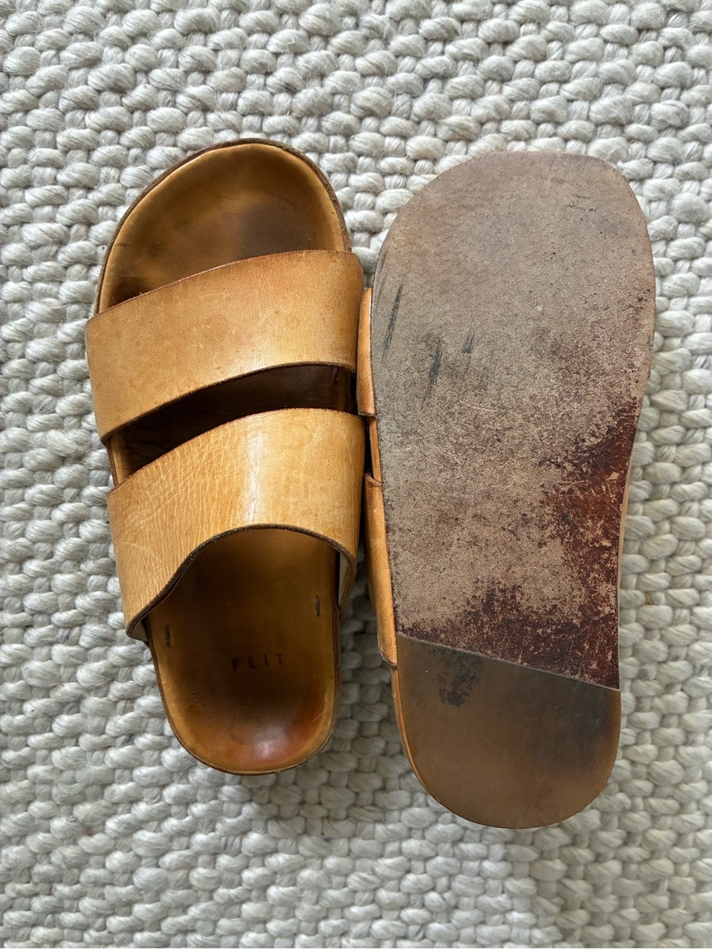 FEIT Tan Leather Double-Strap Slide Sandals - Picture 2 of 3